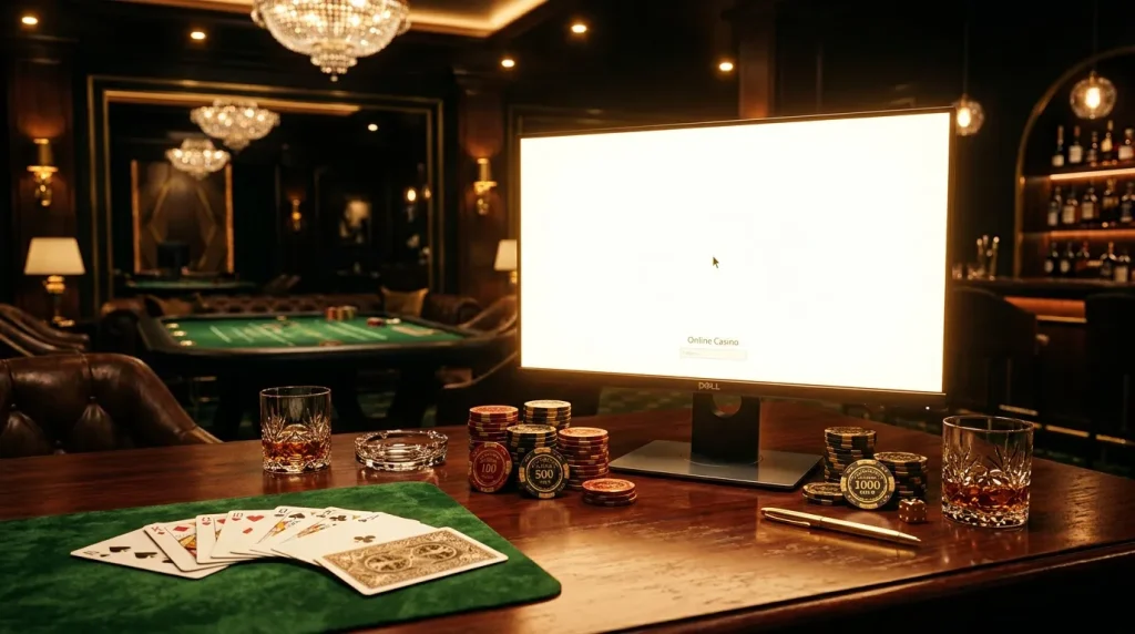 Bureau casino haut de gamme avec cartes, jetons et écran